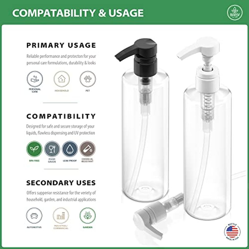 Bar5F Plastic Lotion Bottles with Black & White Pumps, 16 oz | Leak Proof, Empty Clear Cylinder, Refillable, BPA Free for Shampoo, Moisturizer, Face Cream, Liquid Hand Soap | Pack of 2