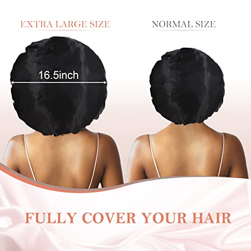 3Pcs Satin Silk Bonnet for Sleeping, Braids Hair Bonnets for Sleeping with Tie Band showercap(Black+Light Green+Dark Green)