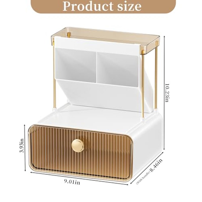 Anlynwooh Makeup Organizer with Drawer, Bathroom Organizers and Storage,Makeup Brush Holder,Lipstick and Perfume Organizer,Cosmetic and Vanity Organizer,Desk Organizer (AMBER)
