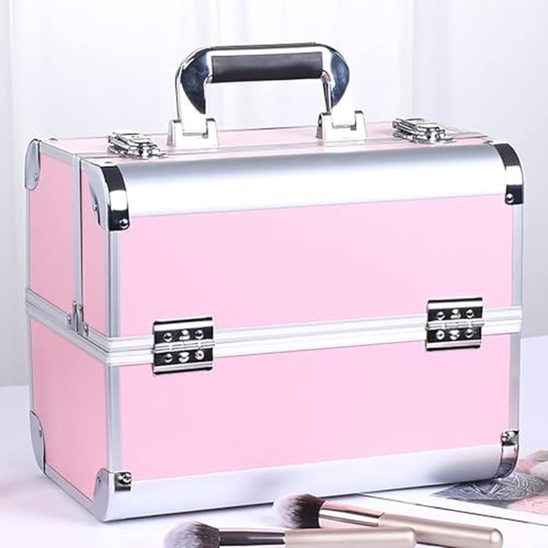 Portable Makeup Case Large Space Portable Multilayer Makeup Case, Novel Design Cosmetic Train Case for Artists, Family and Friends (Pink)