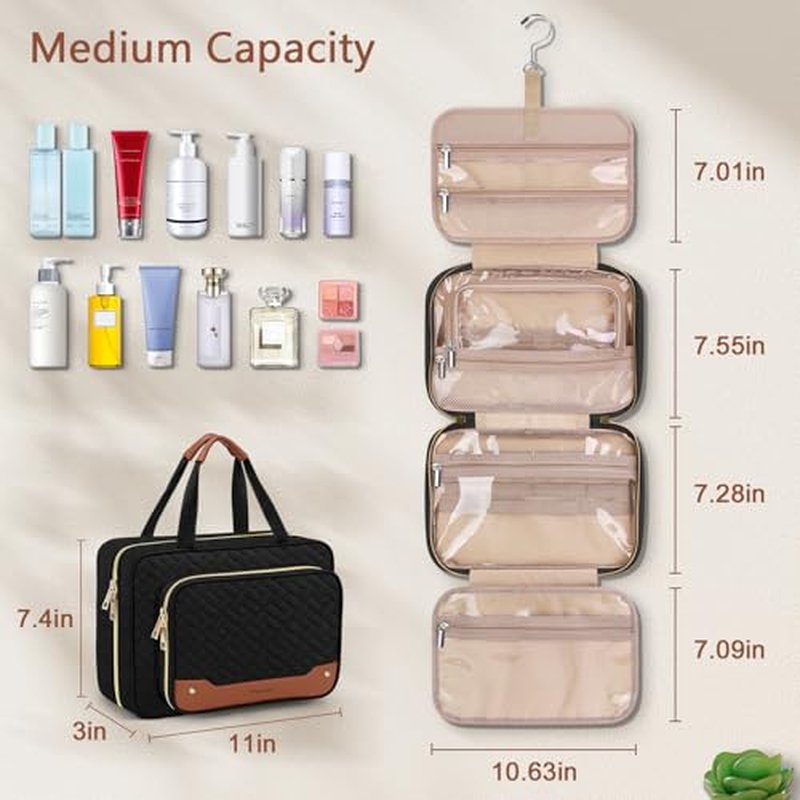 Wedama Toiletry Bag for Women, Hanging Travel Toiletry Bag with Jewelry Organizer Compartment Large Makeup Bag, PVC Waterproof Cosmetic Travel Bag for Travel Business Trips Camping Bathroom, Black