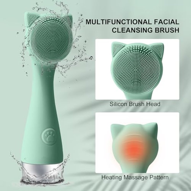 Facial Cleansing Brush, Silicone Face Scrubber Exfoliator for Men & Women, Electric Face Brush Waterproof, with 3 Speeds Adjustable for Deep Cleaning, Removing Blackhead, Face Massaging (Mint Green)