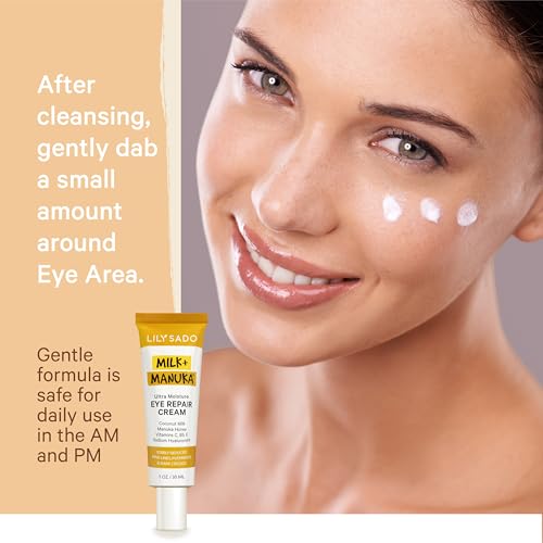 LILY SADO MILK+MANUKA™ Eye Repair Cream - Anti-Aging Natural Gentle Formula w/Coconut Milk, Manuka Honey, Sodium Hyaluronate & VITS C, B5 & E - Prevents Puffiness, Under-eye Wrinkles & Eye Bags - 1oz