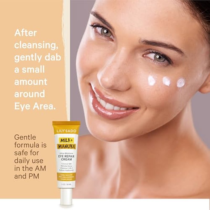 LILY SADO MILK+MANUKA™ Eye Repair Cream - Anti-Aging Natural Gentle Formula w/Coconut Milk, Manuka Honey, Sodium Hyaluronate & VITS C, B5 & E - Prevents Puffiness, Under-eye Wrinkles & Eye Bags - 1oz