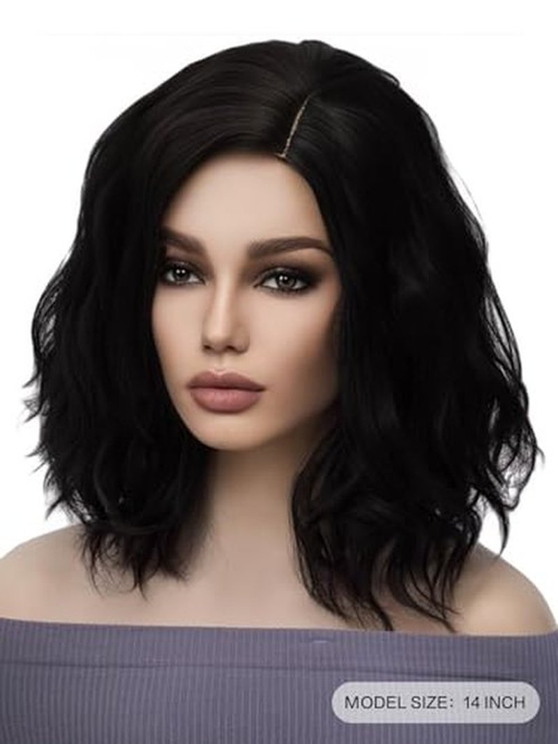 WTHCOS Black Wigs for Women Short Curly Wig Synthetic Curly Bob Wig for Girl 14 Inches Natural Looking Wavy Wigs for Cosplay Costume Party with Wig Cap