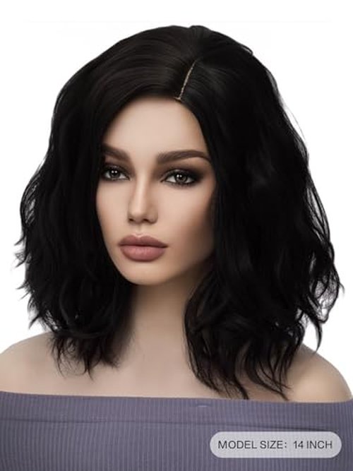 WTHCOS Black Wigs for Women Short Curly Wig Synthetic Curly Bob Wig for Girl 14 Inches Natural Looking Wavy Wigs for Cosplay Costume Party with Wig Cap