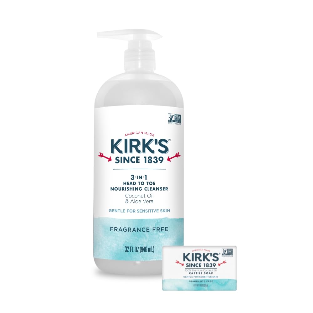 Kirk's 3-in-1 Head to Toe Nourishing Liquid Cleanser & Travel Size Bar Soap - for Men, Women & Children - Premium Coconut Oil and Aloe Vera- Non GMO & Vegan -Fragrance Free - 32 Fl Oz. 2 pack