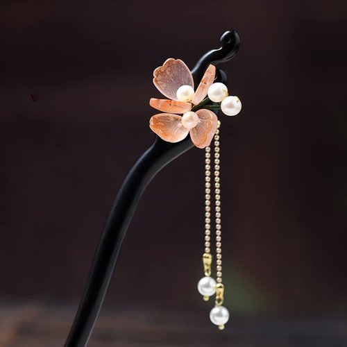 Yuri Hairpin Hair Clasp Sticks Picks Pearl Shell White Crystal Long tassels Hair Accessories For Long Hair Women Wedding Hanfu Cheongsam (Black ebony orange flower)