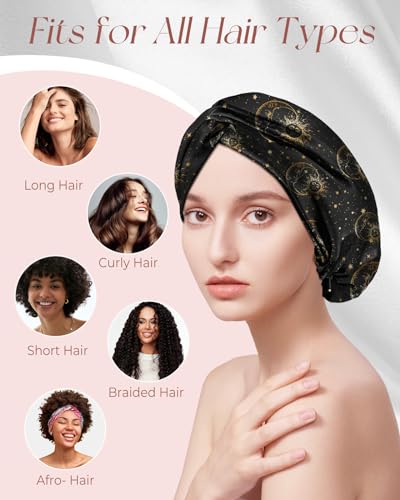 Miss Adola Silk Bonnet for Women - Mulberry Silk Sleep Cap for Hair Care with Eye Mask & Scrunchie 19 Momme Night Cap Sleeping Set with Elastic Stay On Head, Black Sun Moon