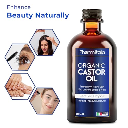Pharmlitalia Organic Golden Castor Oil Cold Pressed Unrefined Glass Bottle - Hexane free Golden Castor Oil for face, hairs, Eyelashes, Skin care and Nails - 500ml