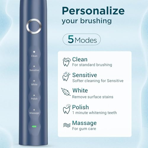 Fronix Electric Toothbrush for Adults with 8 Brush Heads, Sonic Toothbrush Rechargeable with a Holder & Travel Case, 2.5 Hours Charge for 120 Days Use - Blue