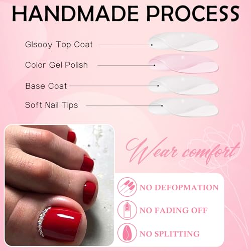LoveOurHome 240pc Red Press on Toenails Women Fake Toe Nails with Glue Tabs, Dark Red Fake Toenails Press on Toes Nail Glue on Toenail Acrylic Toe Nail Tips Gel Artificial False Stick Toenail Tip