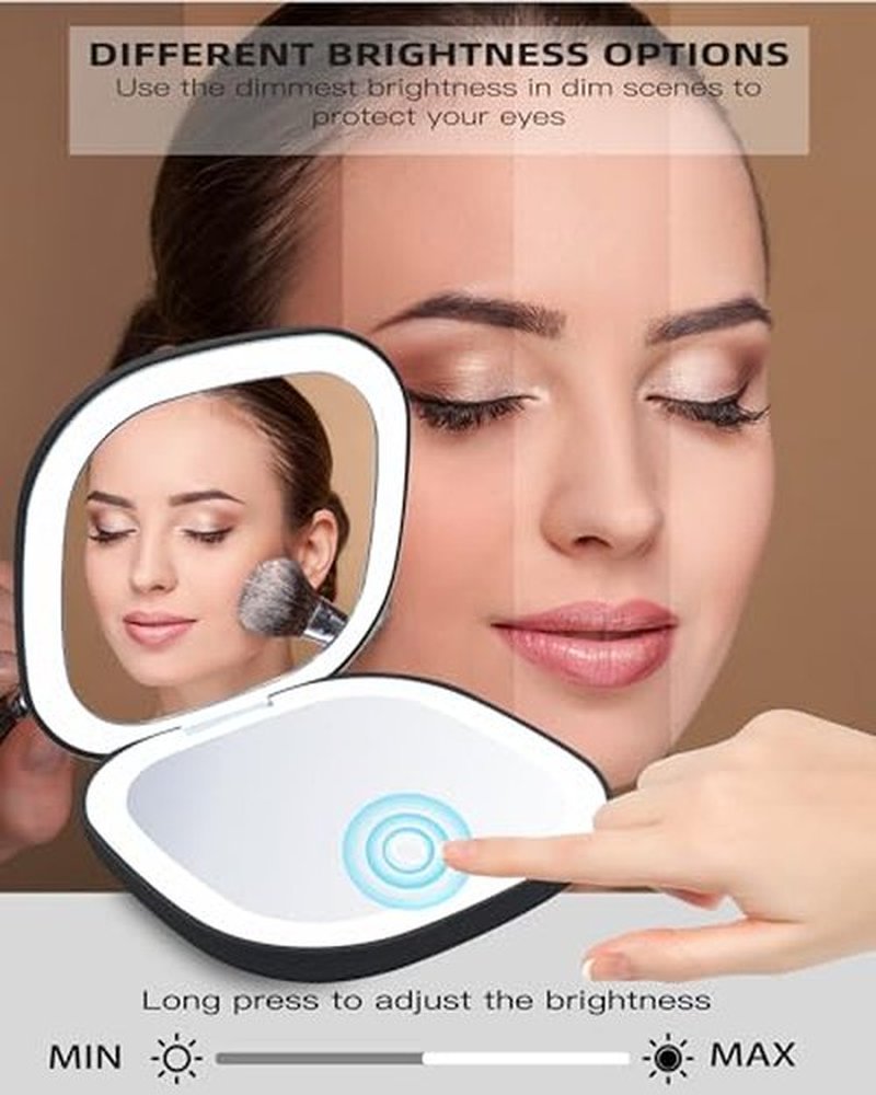 LHQOO LED Magnifying Travel Mirror 1/5x Portable Desktop Mirror - Magnifying Portable Double-Sided Dimmable USB Charging Touch Screen for Travel, Daily Commute and Dating (Black)