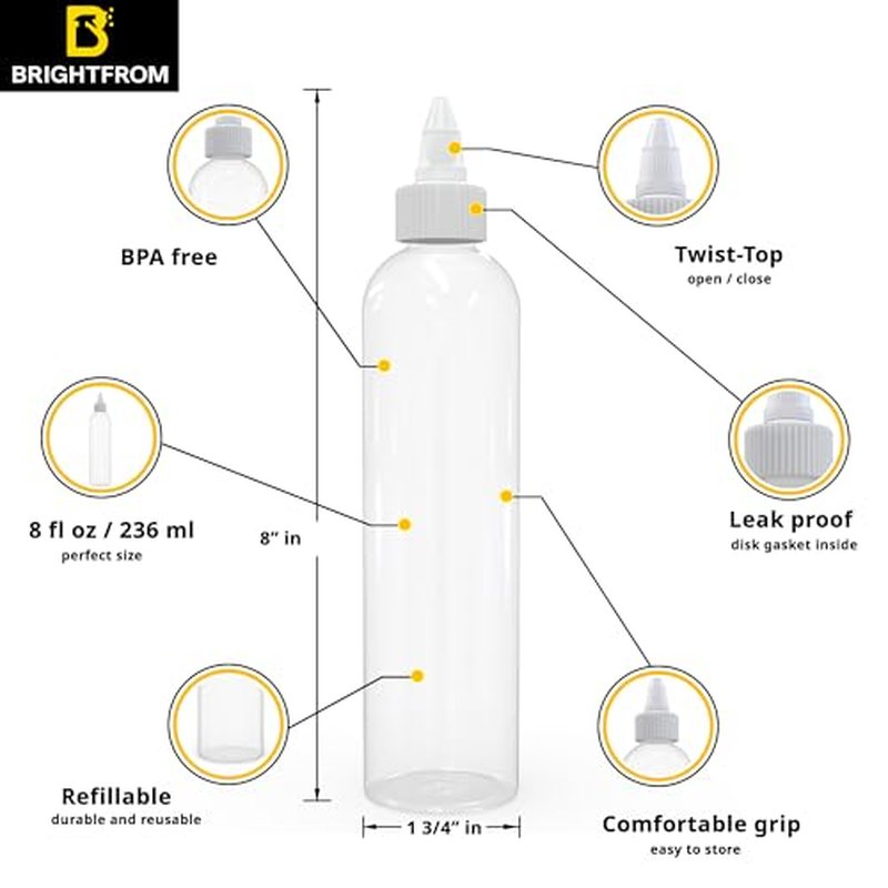 BRIGHTFROM Twist Top Applicator Bottles, Clear 8 OZ BPA-Free Plastic, Empty, Squeeze, Refillable - Open/Close Nozzle - Multi Purpose (Pack of 2)