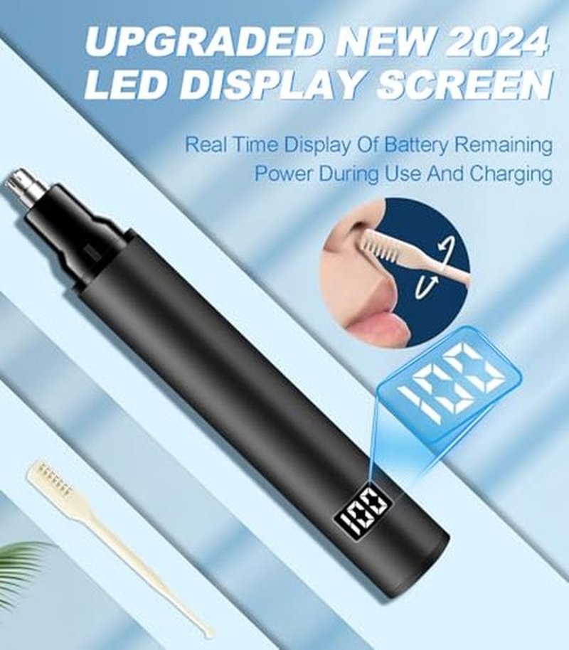 Ear & Nose Hair Trimmer with LED Display for Men and Women - 2024 Professional Painless USB Rechargeable Facial & Nose Hair Trimmer Clipper – 14,000 RPM IPX7 Waterproof Dual Edge Blades, Black