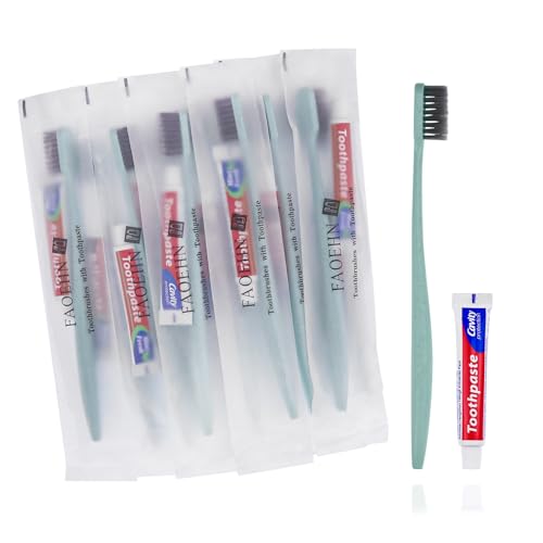 FAOEHN Disposable Toothbrushes with Toothpaste Pack of 30,Straw Green Toothbrush in Bulk with 10g Toothpaste Individually Wrapped Disposable Travel Toothbrushes Kit for Homeless,Airbnb,Hotel,Charity