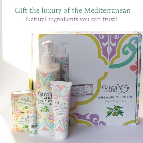 Olive Oil Body Essentials Kit by Garcia de la Cruz Extra Virgin Olive Oil Infused Skin Care Gift Set includes Body Milk, Lip Balm, Hand Cream, and 2 Soaps