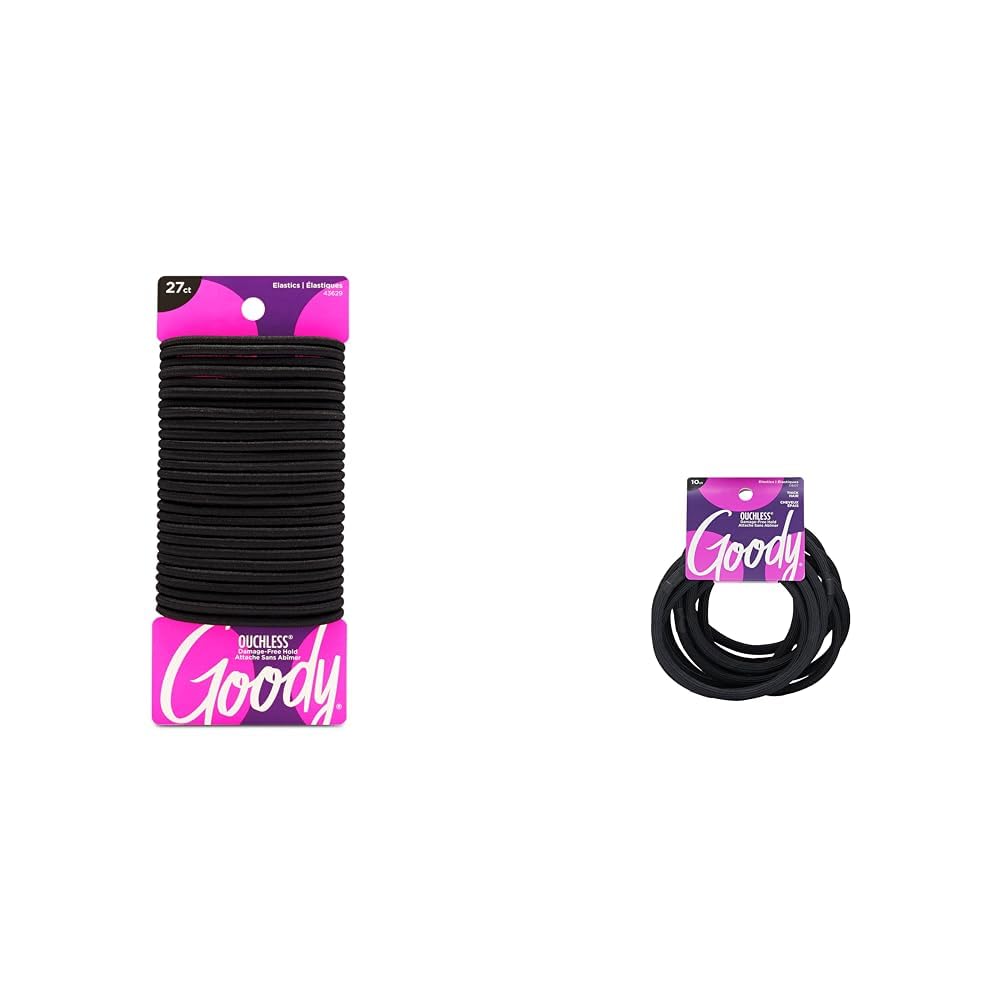 Goody Ouchless Womens 27 Count 4MM Black Hair Ties & 10 Count XL Extra Thick Black Elastics Hair Accessories