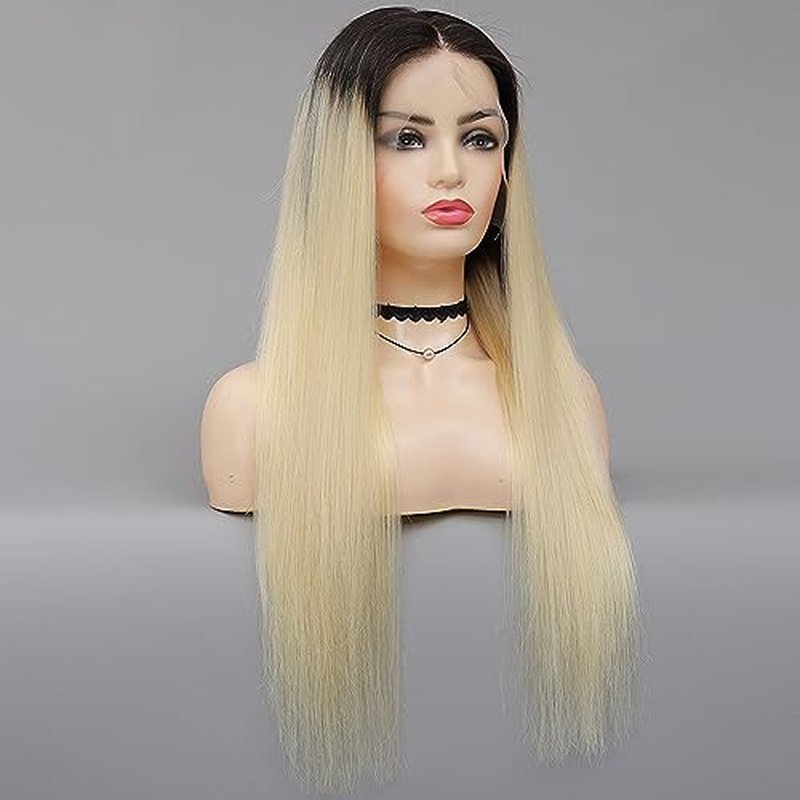 MSMYRNS 26 Inch Halloween Costume Wig HD Lace Middle Parting 1B Ombre 613 Blonde Color Jet Black Dark Roots Role Play Party Wig