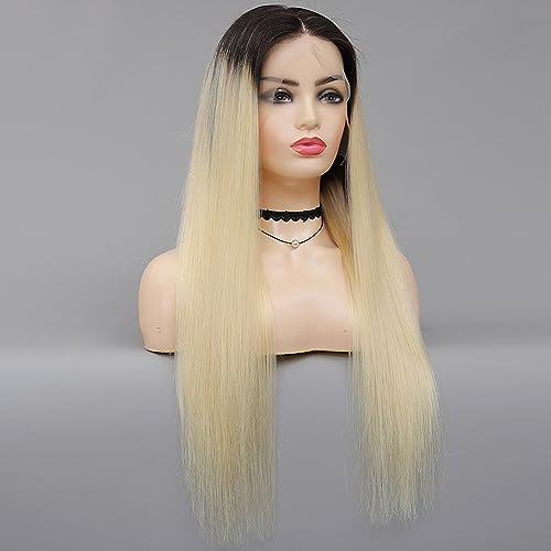 MSMYRNS 26 Inch Halloween Costume Wig HD Lace Middle Parting 1B Ombre 613 Blonde Color Jet Black Dark Roots Role Play Party Wig