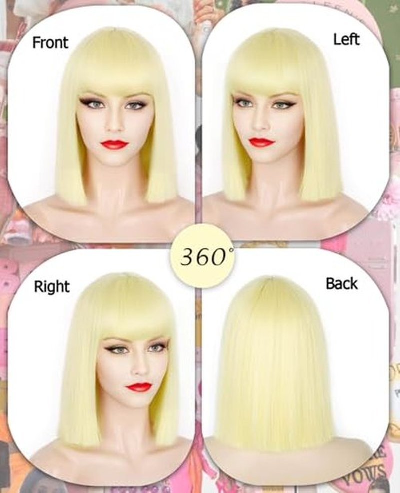 MeaYOO Blonde Wig with Bangs for Women, 12 Inch Blonde Bob Wig Short Wigs Straight Synthetic Wig for Daily Party Use, Natural Looking Shoulder Length Heat Resistant Fiber Wigs, Colorful Cosplay Wigs