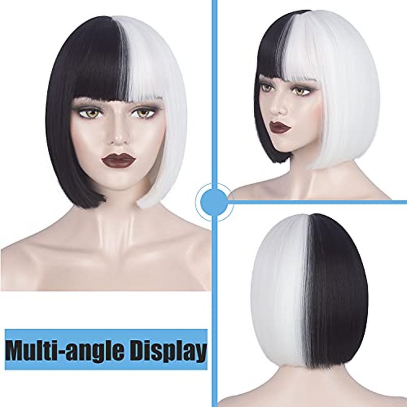 WeKen Black and White Wig for Girls Short Bob Half Black Half White Wig with Bangs for Women Cosplay Synthetic Wig Daily Party (A Black White)