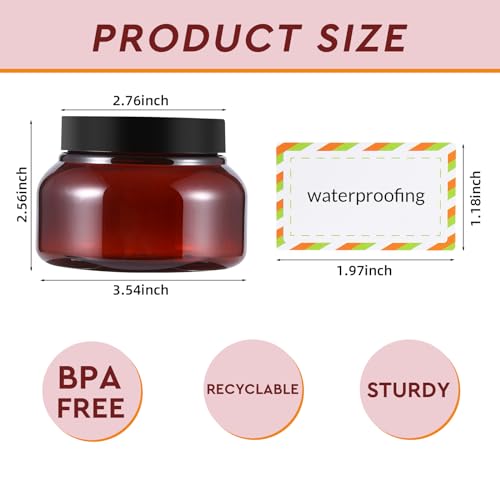 48 Pack 8 Oz Plastic Containers With Lids and Waterproof Label BPA Free - Refillable Transparent Cosmetic Containers for Body Butter,Sugar Scrubs,Cream,Lotions,Candy,Bath Salt (48, Brown)