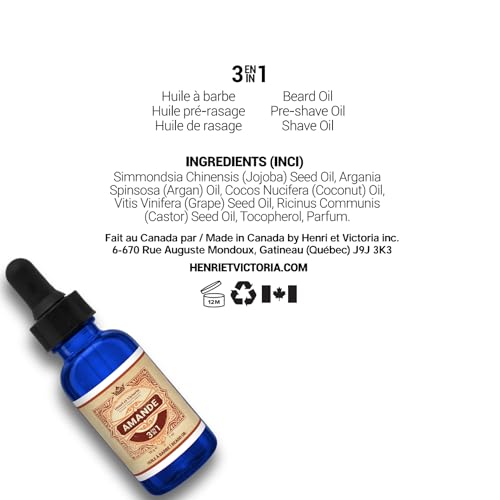 HENRI ET VICTORIA Beard Oil Amande Fragrance | Canadian Made by Skilled Artisan | Moisturizing, Non-Greasy, Natural Ingredients