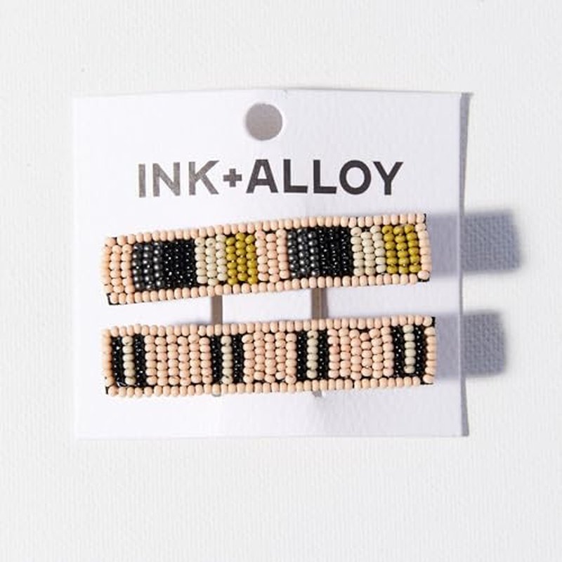 INK+ALLOY Beaded Hair Clips for Women, Anna Two-Tone Striped Boho Hair Barrettes, Handmade Accessories for the Modern Bohemian, 2 Pack (Gold)