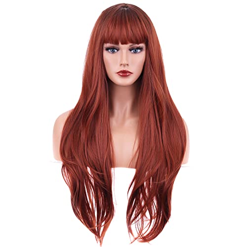 BERON 26 Inches Brown Wig Long Wavy Wig Brown Wig with Bangs Synthetic Wig Long Wig Brown Wigs for Daily Party with Wig Cap