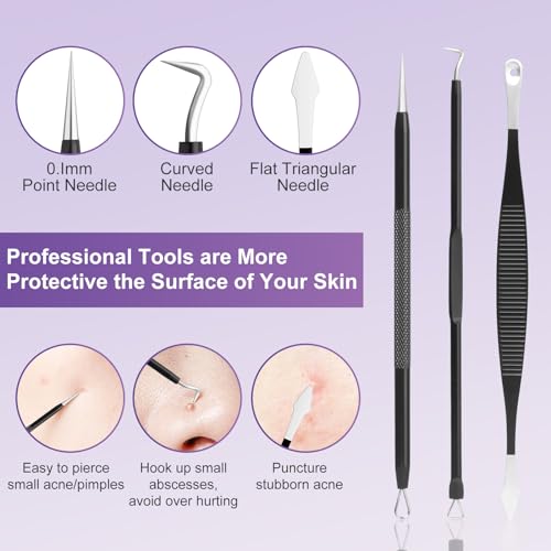 Pimple Popper Tool Kit,10 Pcs Professional Blackhead Remover Comedones Extractor for Easy Removal for Pimples,Blackheads,Zit Removing, Facial and Nose, Acne Removal Kit with Metal Box (Black)
