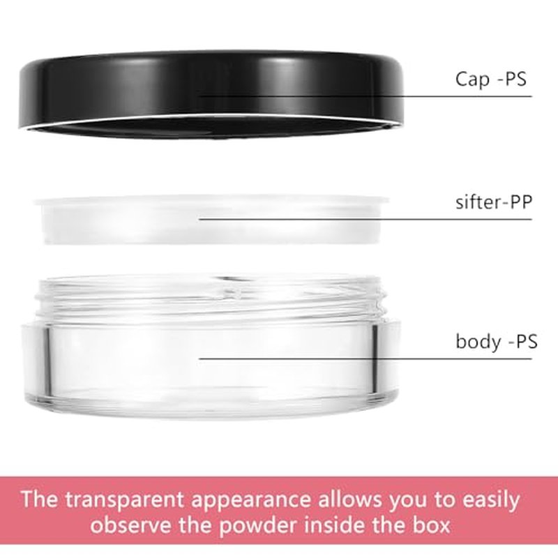 4Pcs 10ml/0.34oz Plastic Empty Travel Powder Container Loose Powder Containers for Women with Rotatable Sifter and Black Screw Lid Face Powder Compact Diy Empty,Small Powder Container(4pcs)