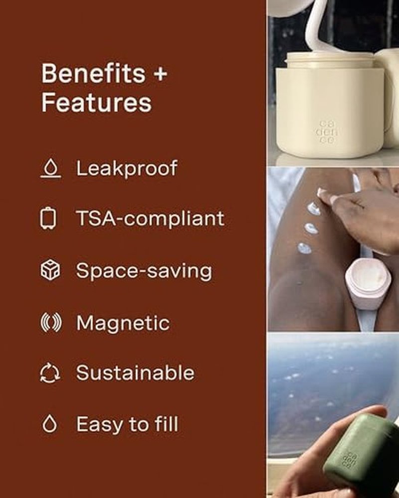 Cadence Travel Containers - Body Care Capsule Set - Magnetic Travel Capsules - For Body Wash, Lotions, Sunscreens - 3 Flex Mediums (1.32oz) with Body Wash, Lotion, & Sun Icon Labels - Charcoal