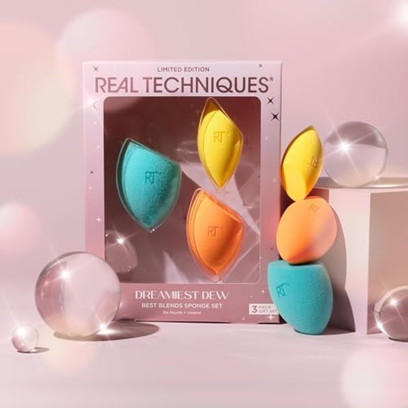 Real Techniques Dreamiest Dew 3 Piece Holiday Gift Set, Makeup Sponges For Blending Foundation & Concealer, Matte Or Dewy Base Application, Stocking Stuffer, Limited Edition, Latex-Free Foam