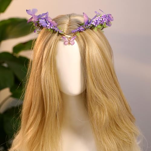 MOSTORY Purple Fairy Butterfly Crown - Handmade Flower Headpiece Floral Elf Tiara Woodland Circlet for Women Girls Spring Wedding Renaissance Party Cosplay