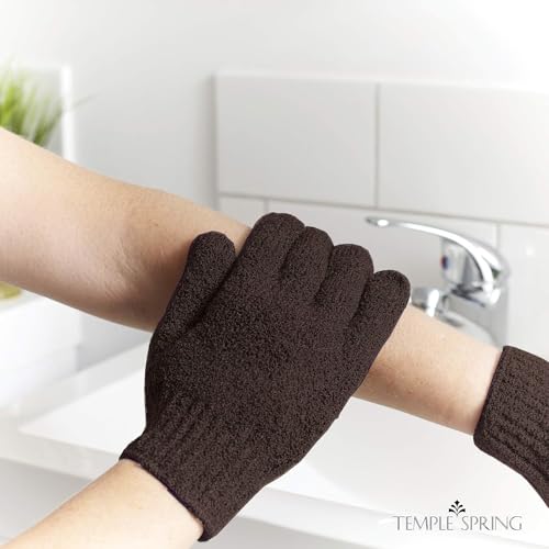 Temple Spring Exfoliating Gloves - Rayon Bamboo Bath/Shower Gloves, Bath Gloves for Shower Exfoliating and Ingrown Hair/Dead Skin Remover - Exfoliator Mitt Scrub Gloves - Coffee