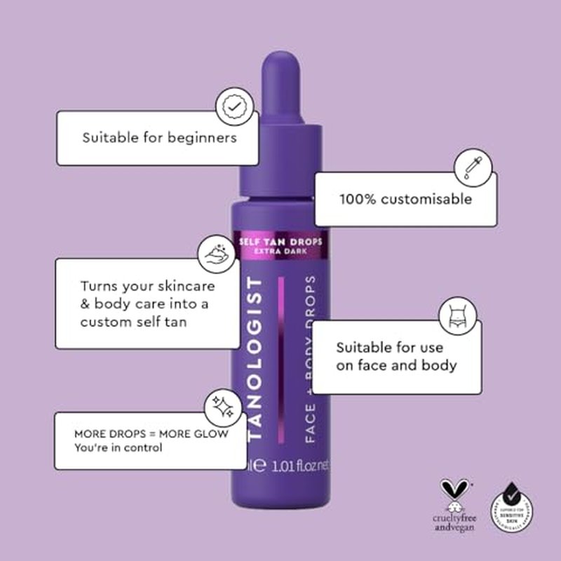 Tanologist Face and Body Self Tan Drops, Extra Dark - Bronzing Drops - Illuminating Self Tanning Drops, Natural Ingredients & Vegan - 1.01 Fl Oz