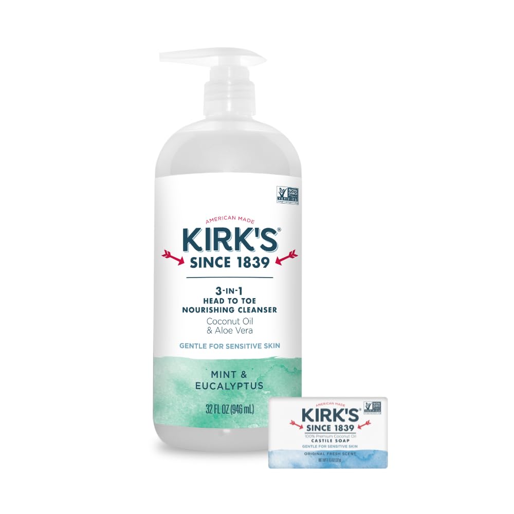 Kirk's 3-in-1 Head to Toe Nourishing Liquid Cleanser & Travel Size Bar Soap - for Men, Women & Children - Premium Coconut Oil & Aloe Vera- Non GMO & Vegan -Mint & Eucalyptus - 32 Fl Oz. 2 pack