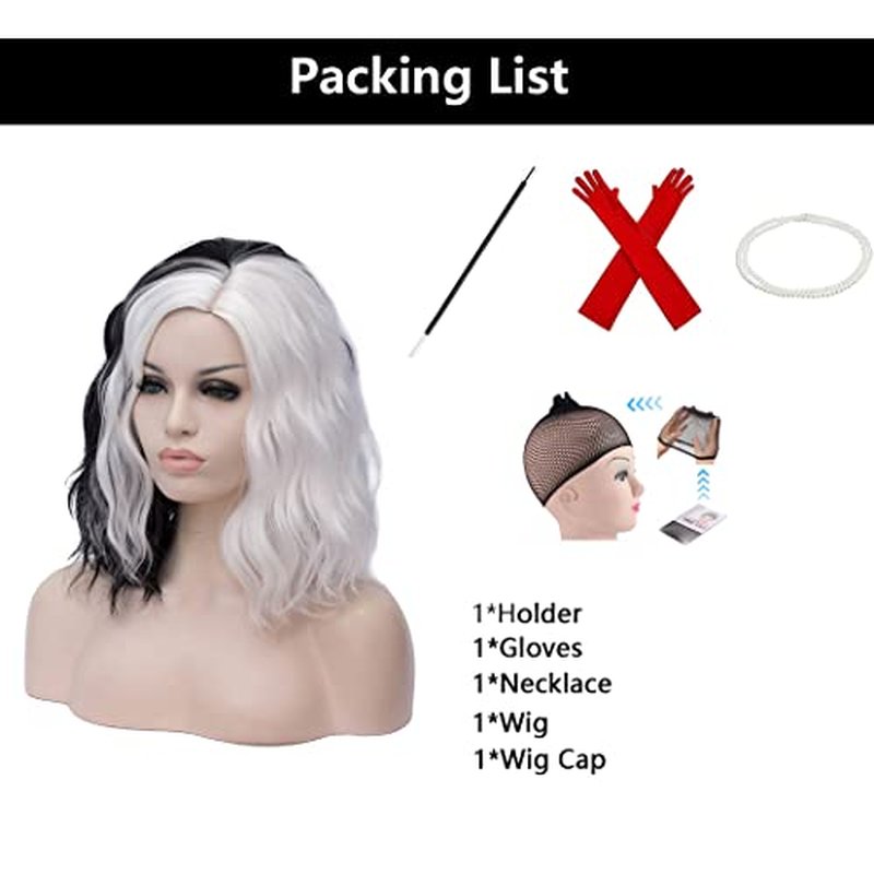 MAGQOO Black White Wig Black White Wig for Women Short Curly Wavy Hair Wigs Synthetic Heat Resistant Cosplay Costume Party Wigs