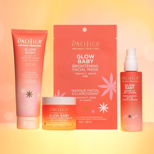 Pacifica Beauty Glow Baby Brightening Facial Mask, Skincare, Vitamin C, Aloe, Kelp, Fine Lines, Wrinkles, Dark Spots, Dry Skin, Cooling Mask, Face Mask, Face Care, For All Skin Types, Vegan (4 Sheets)