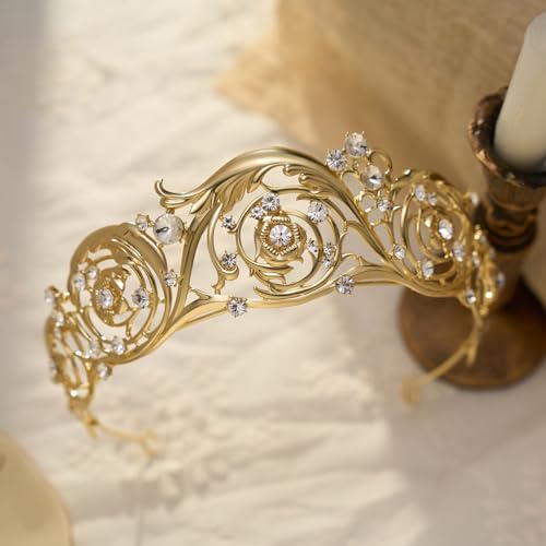 Classic Bridgerton Tiaras for Women, Royal Queen Crowns and Tiaras for Bride Wedding Bridal Birthday Quinceanera Pageant Party Prom,Halloween Costume Cosplay Accessories,Leilani Crystal Tiara,Gold