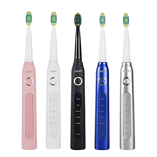 Voom Sonic Pro 5 Series Rechargeable Electronic Toothbrush, Dentist Recommended, Advanced Oral Care, 2 Minute Timer with Quadrant Pacing, 5 Adjustable Speeds, Soft Dupont Nylon Bristles, Silver
