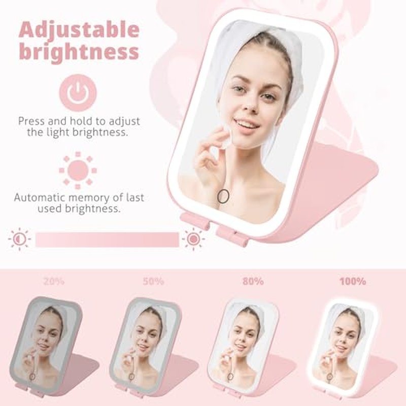 Puiuisoul Travel Makeup Mirror, 2000mAh Battery-Powered Illuminated Mirror, 3 Adjustable Light Settings USB-Rechargeable Vanity Mirror with Touch-Sensitive Dimming,Gift for Women and Girls (Pink)