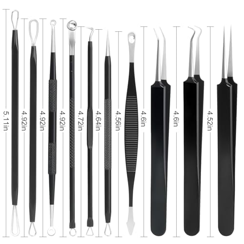 Pimple Popper Tool Kit,10 Pcs Professional Blackhead Remover Comedones Extractor for Easy Removal for Pimples,Blackheads,Zit Removing, Facial and Nose, Acne Removal Kit with Metal Box (Black)