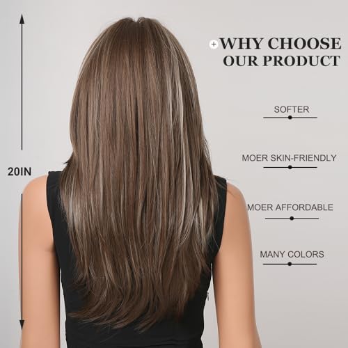 Esmee Long Straight Brown with Blonde Highlight Layered Synthetic Hair Wig with Curtain Bangs for Women for Daily Party Use-20 Inches