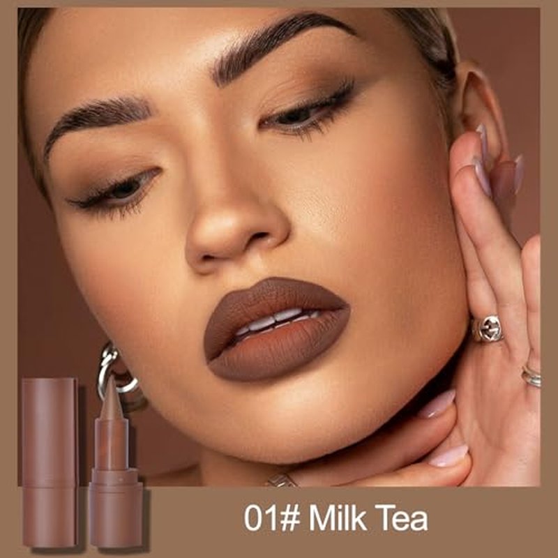 Erinde 2-in-1 Gradient Lip Liner and Lipstick Lip Combo Set, Matte Nude Dark Brown Red Lip Liner Creamy Lip Pencil Crayon, High Pigmented Long lasting Lipstick Makeup, 01# Milk Tea