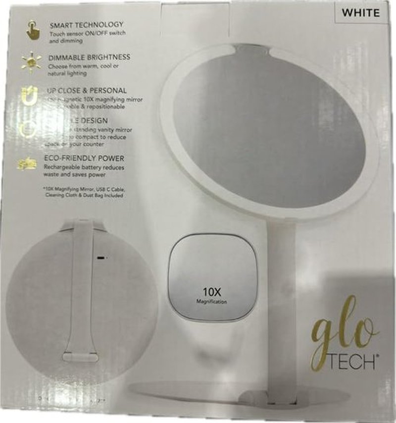 Glo-Tech Foldable Travel LED Mirror, 3 Light Settings, 10X Magnification, Touch Dimming (White)
