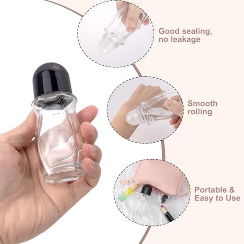 Kesell 50ml Clear Roll On Bottles Roller Ball Deodorant Container with Black Cap and Opener 2PCS Glass Roller Bottles for Essential Oils,Perfume