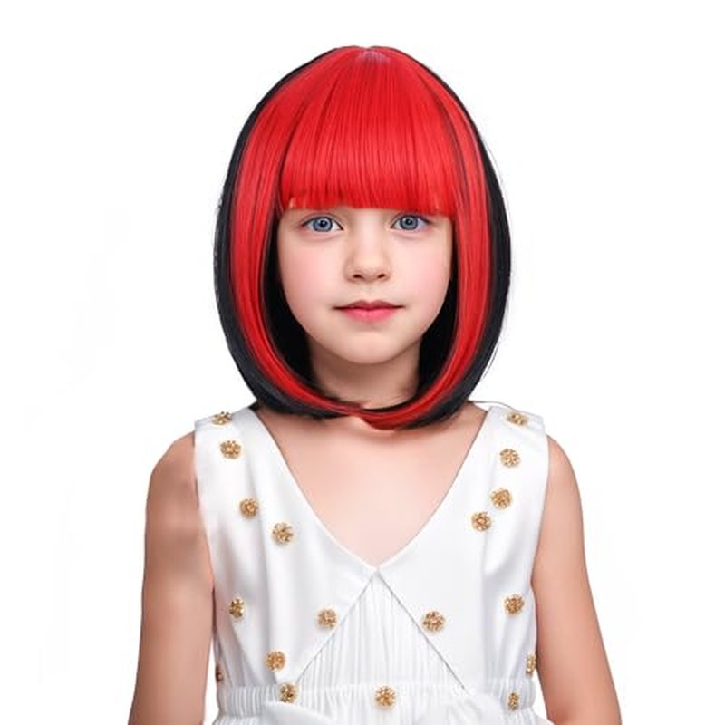 Edivd Girls Black Mixed Red Bob Wig Short Black and Red Bob Wig with Bangs for Kids Heat Resistant Synthetic Wig with Wig Cap