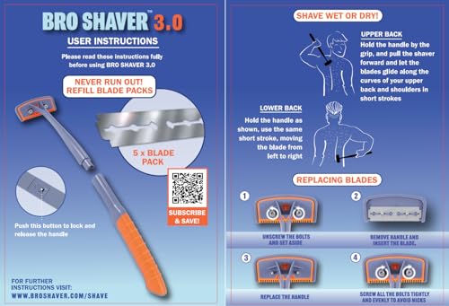 BRO SHAVER 3.0, Back Shaver for Men (DIY) Back & Body Hair Trimmer. Shave Wet or Dry Back Hair with The BroShaver Back Razor for Men. Split Handle Back Shaver for Men with Ergonomic Grip